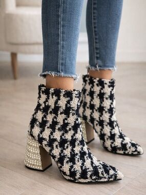 Betsey Johnson Tweed Boots Pearl Embellished Heel w/Luxury Designer NWOT